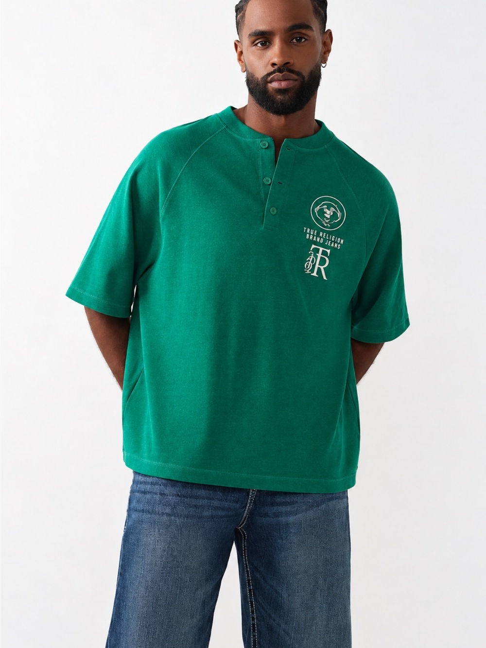 True Religion Raglan Oversized Henley Tee in Ultra Marine Green Size L ~ NWT